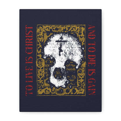 To Live is Christ, to Die is Gain (Philippians 1:21) | Skull with Cross on Gold Manuscript Texture | Orthodox Christian Canvas Art