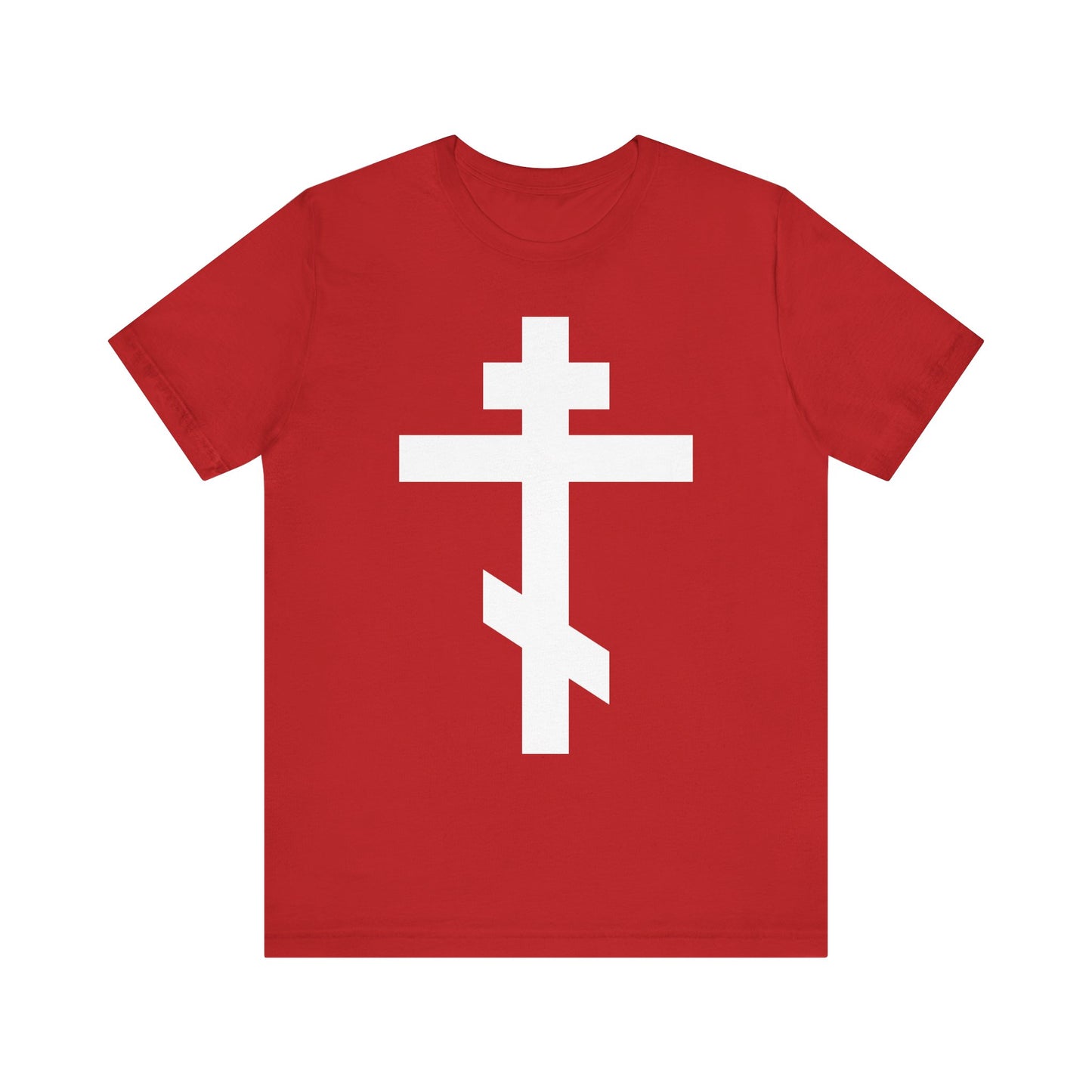A red unisex tee featuring a large white Orthodox cross on the front, bearing the phrase “By the power of Thy Cross do Thou preserve Thy people”—a design inspired by Christian faith and the legacy of St. John of Kronstadt.