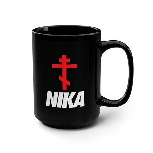 NIKA Red Orthodox Cross White Text Black Background | NIKE Logo Mashup | Minimalist Corporate Sports Logo Aesthetic | Orthodox Christian Black Mug