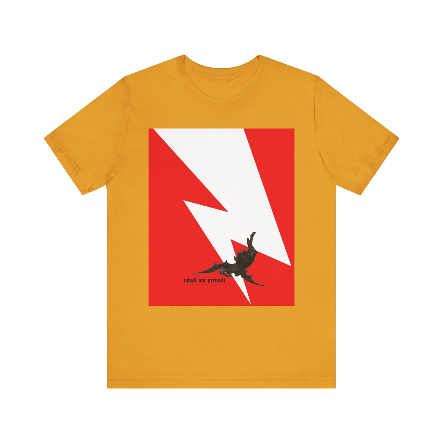 Certainly! Here’s a rewritten version of the sentence, incorporating your product data: The Shall Not Prevail tee is a lightweight, mustard-colored unisex cotton shirt featuring a minimalist red and white lightning bolt graphic with a black bird silhouette—symbolizing the moment Satan fell from heaven (Luke 10:18), as depicted in Bible verses.