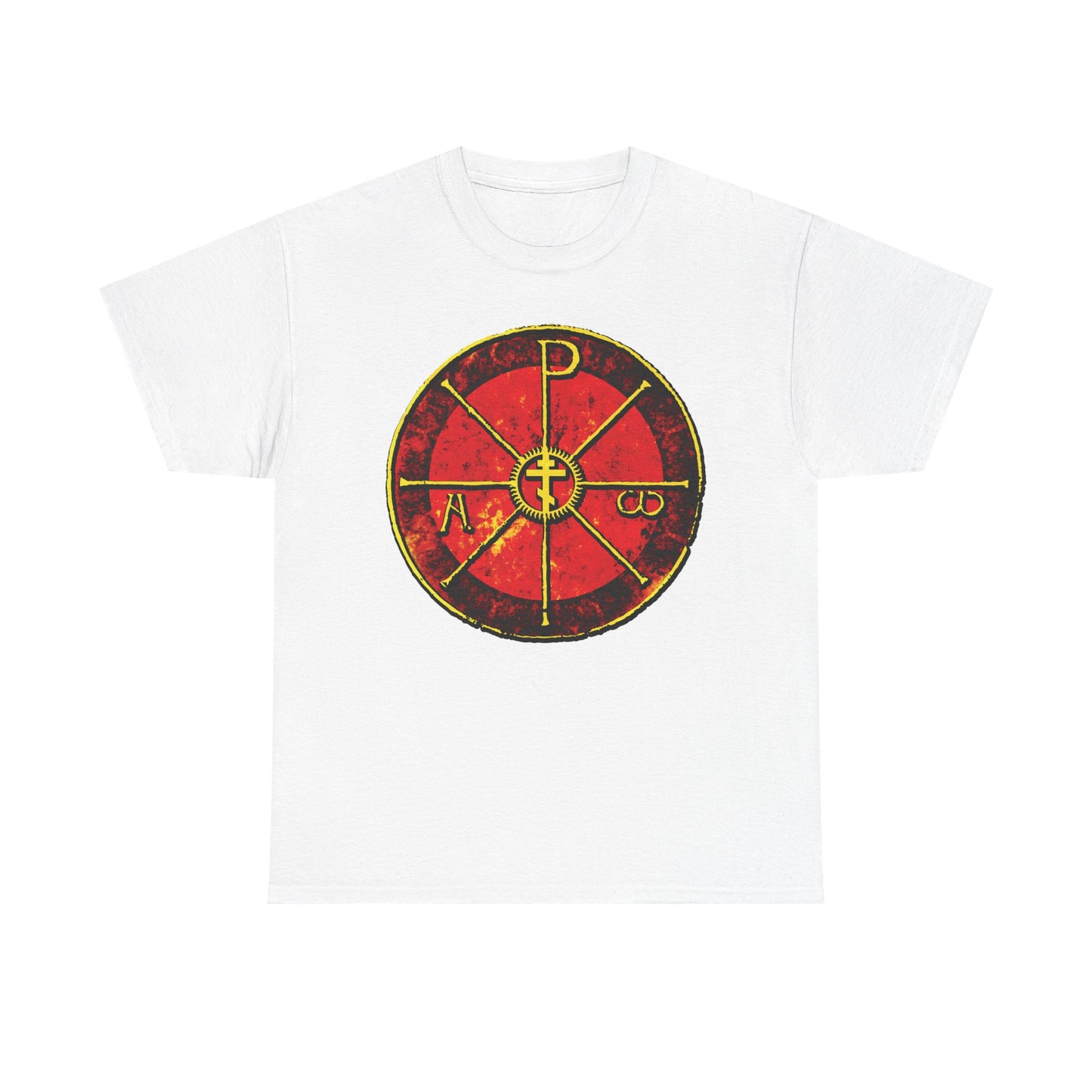White "Alpha & Omega Chi Rho Orthodox Cross" t-shirt with a red and gold circular ancient Christogram (Greek letters P, A, Ω) on the front, inspired by Saint Ambrose’s Chrismon from Milan Cathedral. Midweight cotton.