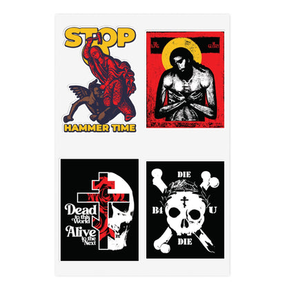 Random Mix No. 1 Four Sticker Sheet: bold iconographic Orthodox stickers, including Dead to This World and St Marina.