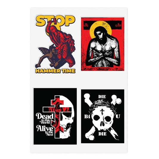 Random Mix No. 1 Four Sticker Sheet: bold iconographic Orthodox stickers, including Dead to This World and St Marina.
