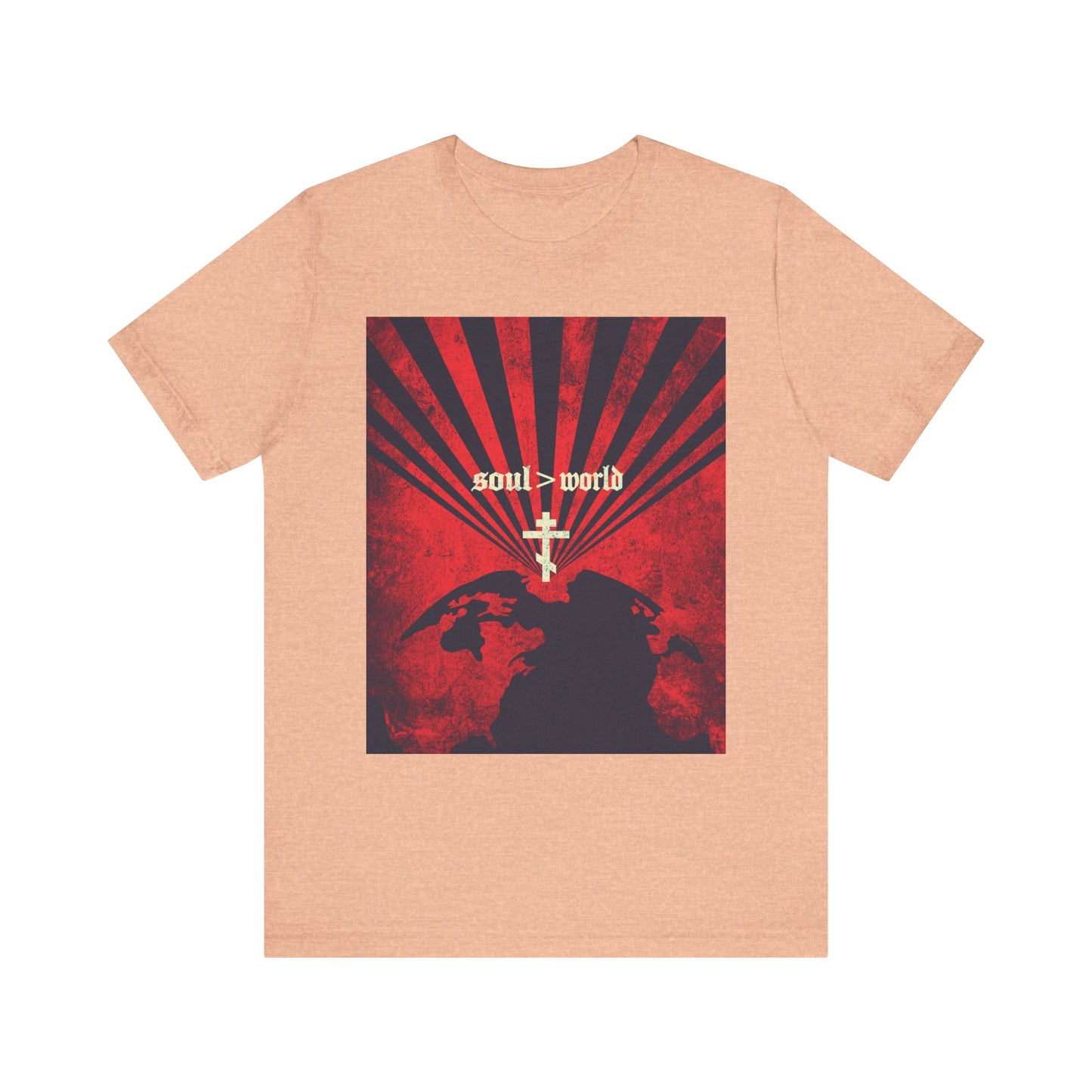 Heather peach unisex tee featuring a bold red, black, and yellow "Soul > World" graphic over a white cross and globe—an inspiring reference to Jesus’ teachings in Matthew 16:26 to value your soul above worldly gain.