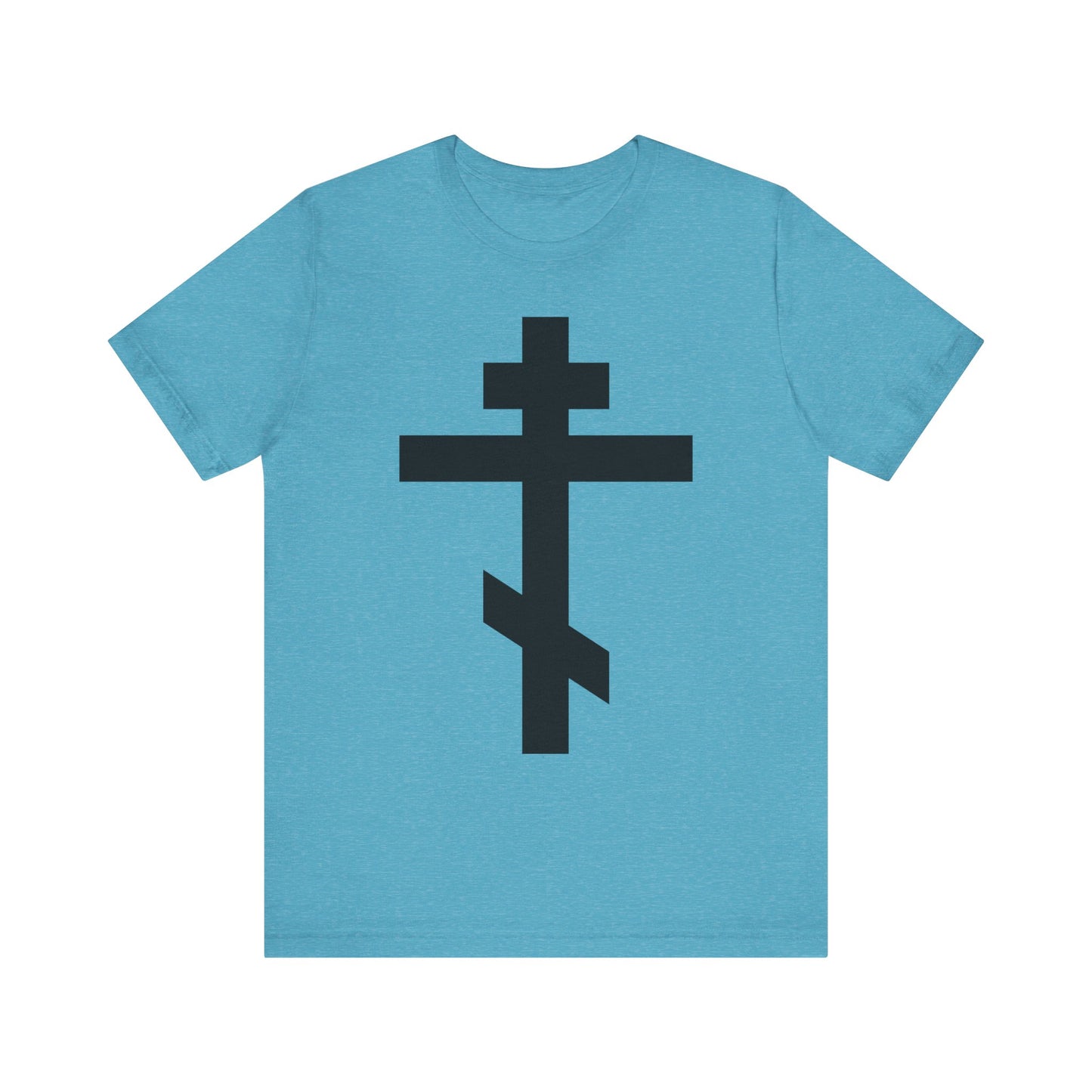 Heather Aqua unisex tee with a large black Orthodox cross and "He bore our sins on the cross so that we might die to sin & live to righteousness." Lightweight cotton, inspired by faith and tradition.