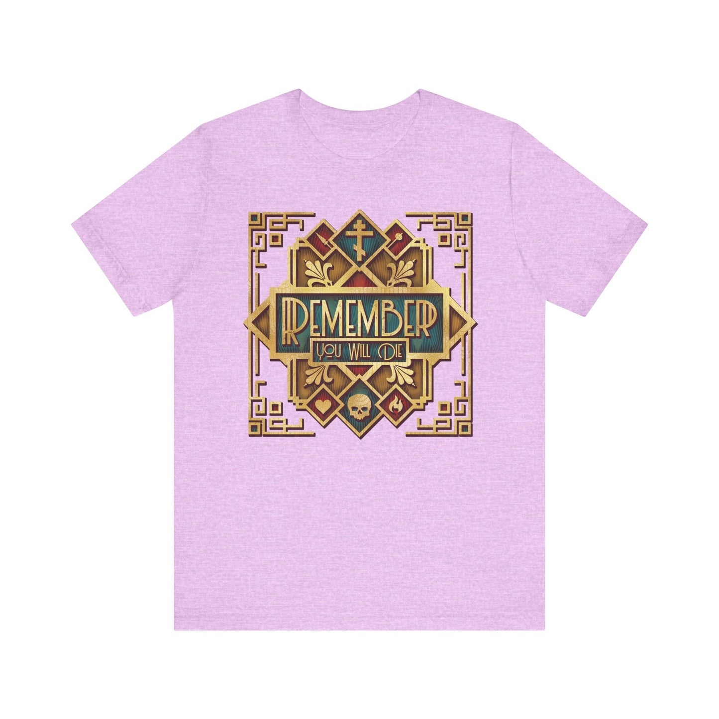 Heather Prism Lilac unisex t-shirt with a classic metallic Art Deco design featuring skull and cross motifs, emblazoned with the text "Remember You Will Die"—a striking Orthodox Christian reminder from Elder Ephraim about the path to eternal life.