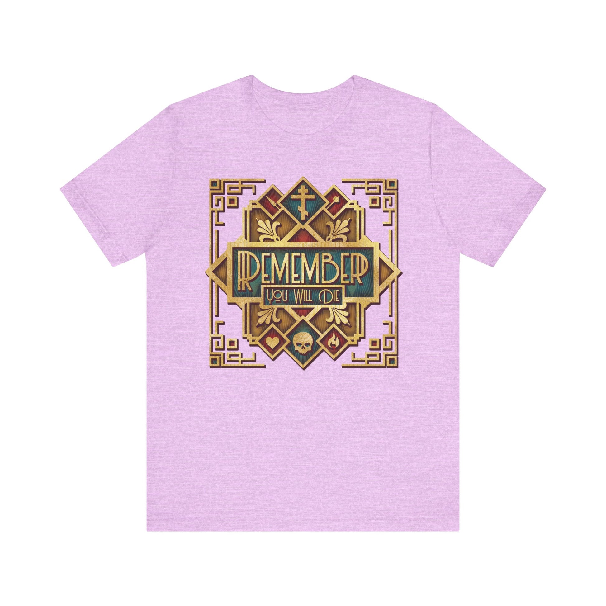 Heather Prism Lilac unisex t-shirt with a classic metallic Art Deco design featuring skull and cross motifs, emblazoned with the text "Remember You Will Die"—a striking Orthodox Christian reminder from Elder Ephraim about the path to eternal life.