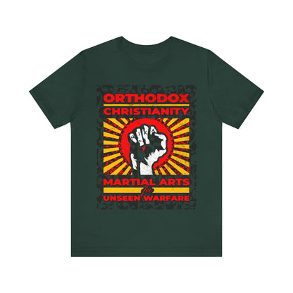 Orthodox Christianity: Martial Arts for Unseen Warfare | NIKA Jesus Fist on Colorful Sunburst Design | Orthodox Christian T-Shirt