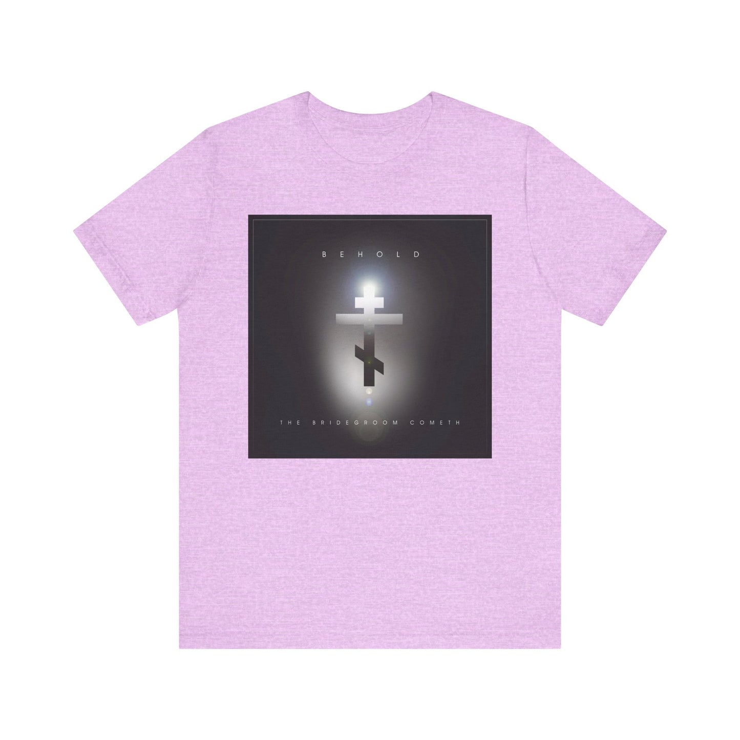 Heather Prism Lilac "Behold the Bridegroom" Orthodox Christian unisex t-shirt features a minimalist cinematic lens flare cross and words on the front, inspired by teachings on the day of judgment and being ready at any moment.