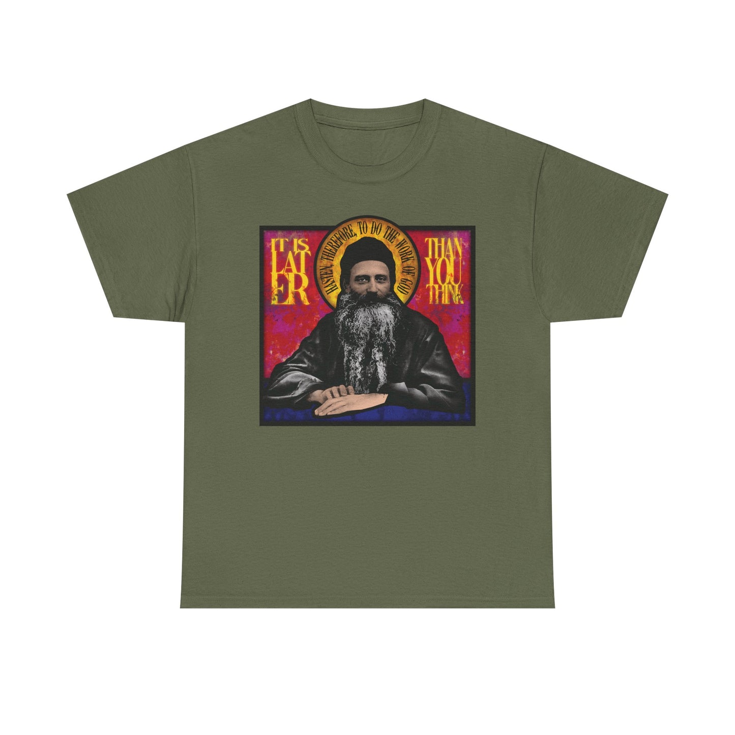Military green "It Is Later Than You Think" midweight cotton unisex T-shirt featuring a stained glass design of Fr. Seraphim Rose, an American Orthodox monastic saint, and a contemplative message—a subtle nod to salvation and the promise of the Kingdom of Heaven.