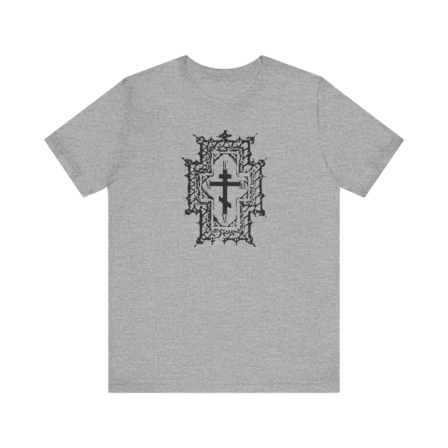 Athletic Heather ICXC NIKA tee featuring a gothic cathedral style Orthodox cross symbolizing "Healed By His Wounds." Inspired by Jesus Christ's suffering and victory, this unisex cotton shirt blends faith with bold design.