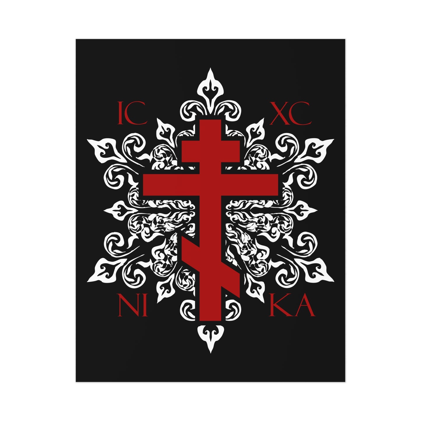 ICXC / NIKA Red Orthodox Cross on Ornate White Medieval Floral Design | Exclusive Best-Selling | Orthodox Christian Art Poster