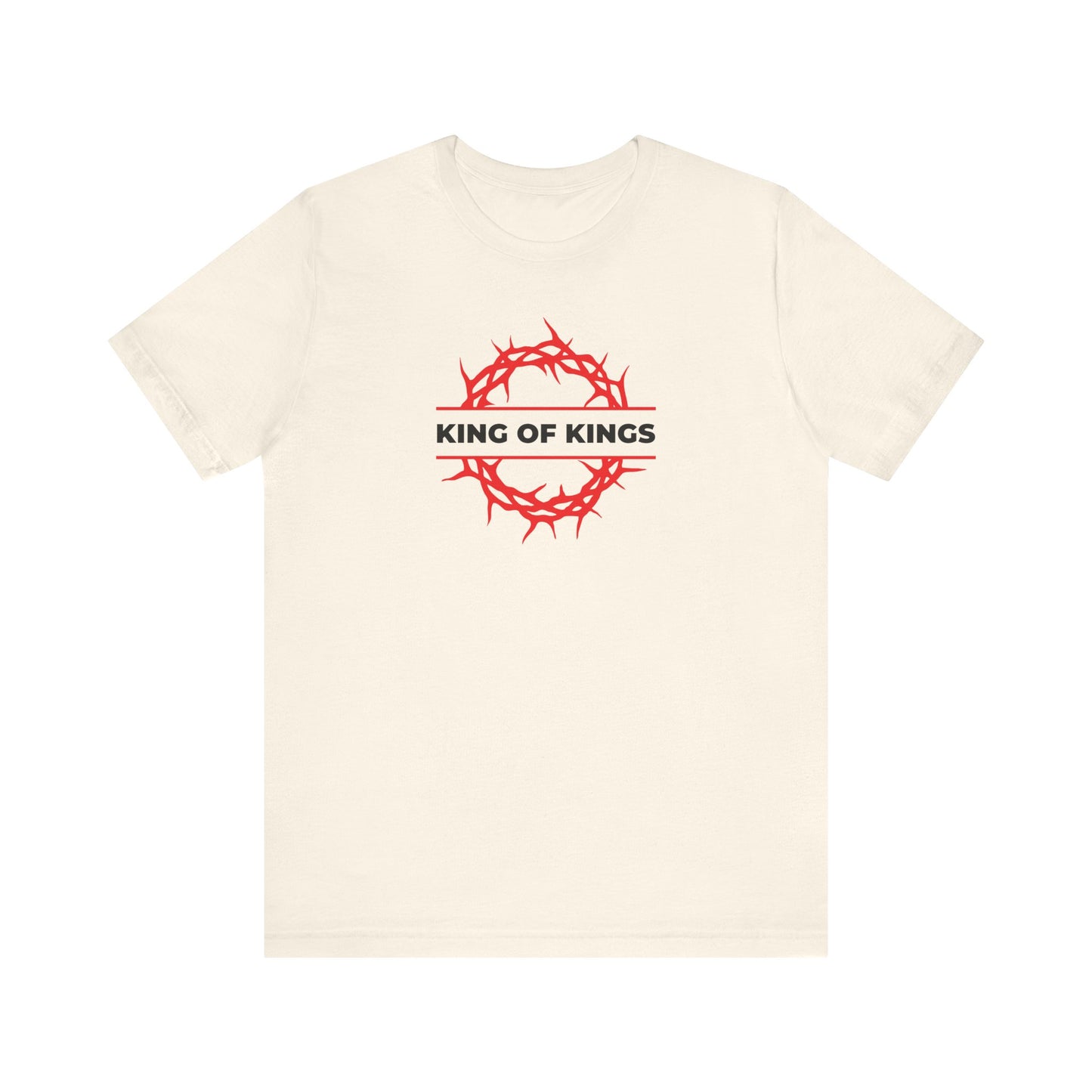Natural unisex lightweight cotton t-shirt featuring a red crown of thorns and bold black "KING OF KINGS" text across the chest, inspired by Revelation 19:16 and proclaiming Christ as King of Glory.