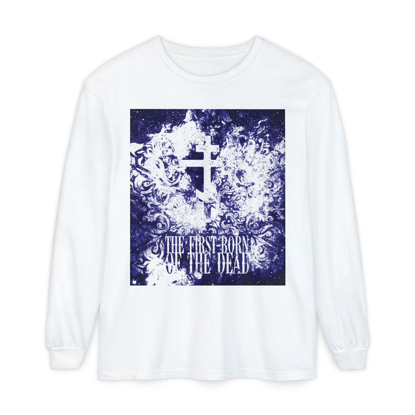 White long sleeve cotton shirt featuring a glowing white & blue textured cosmic Orthodox cross and the text "The First-Born of the Dead," referencing Resurrection and Apocalypse.