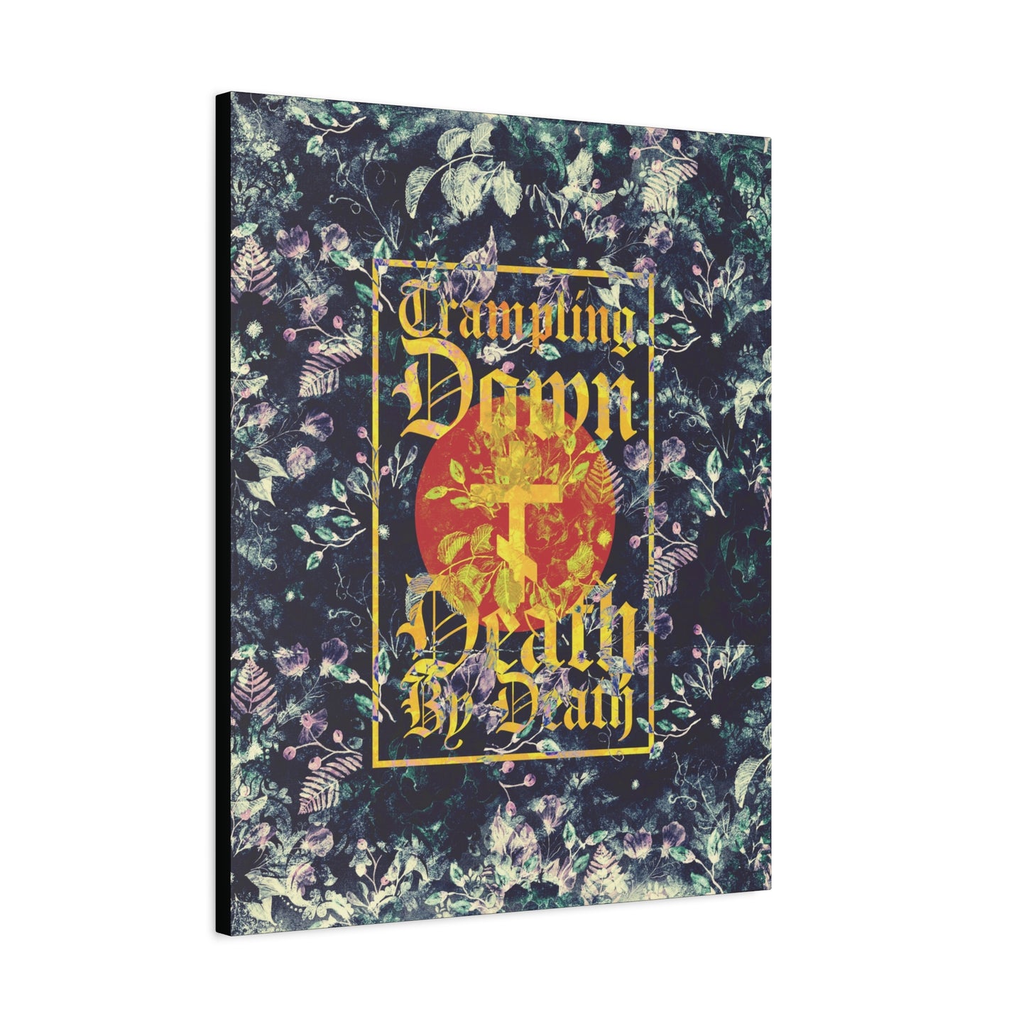 Trampling Down Death By Death | Paschal Floral Design with Gothic Script and Three-Bar Cross | Orthodox Christian Canvas Art