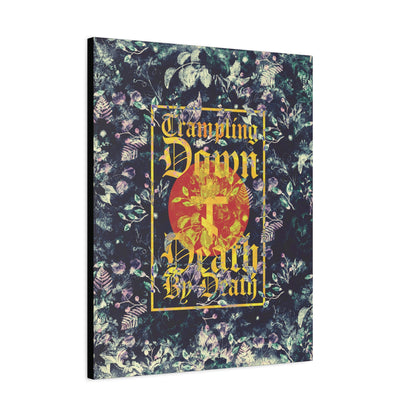 Trampling Down Death By Death | Paschal Floral Design with Gothic Script and Three-Bar Cross | Orthodox Christian Canvas Art