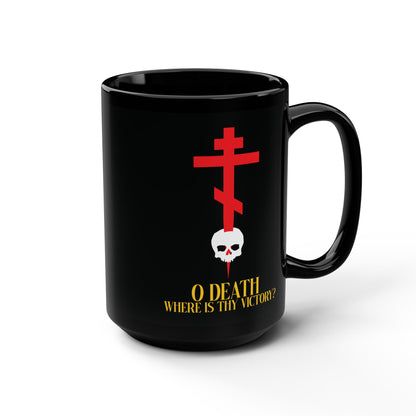 O Death Where is Thy Victory? (1 Corinthians 15:55) | Cross Stabbing Skull | Yellow Text | Orthodox Christian 15oz Black Mug