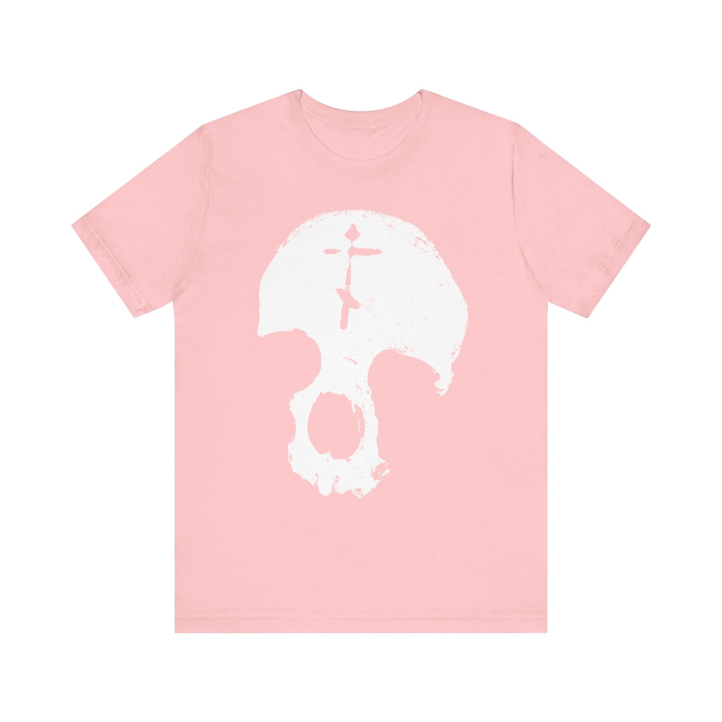 Pink "Skull With Orthodox Cross" lightweight cotton unisex tee featuring a large white skull graphic with a vertical line and dot across the forehead, symbolizing reflections on human glory and the themes of vainglory explored by St. Ignatius Brianchaninov. Part of the "All is Vanity | Remember You Will Die | Memento Mori" collection.
