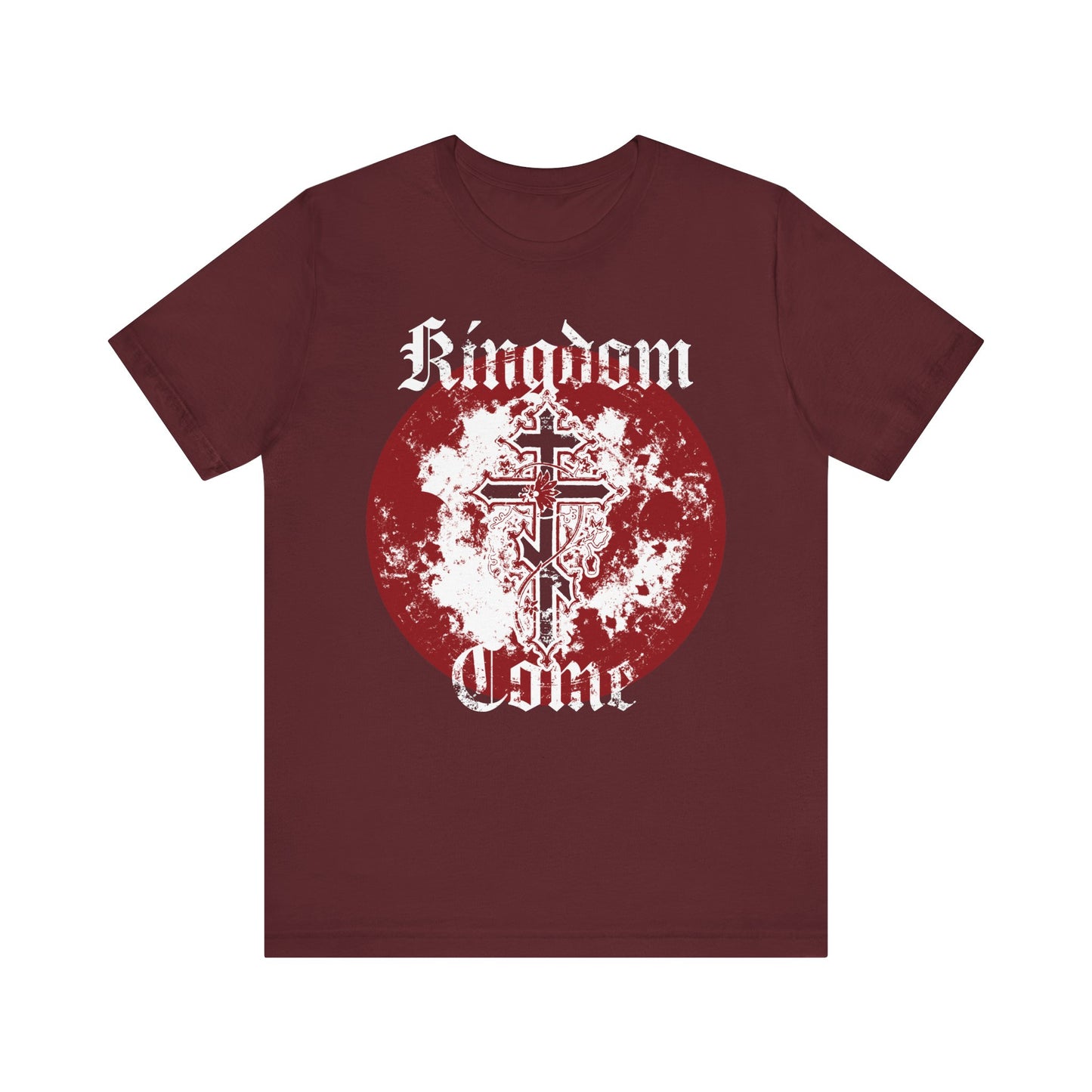 Maroon "Kingdom Come | Lord's Prayer" unisex tee featuring an Orthodox cross with vine, textured gothic font, and a red-and-white grunge circle design on lightweight cotton—an Orthodox Christian shirt inspired by the words "Thy Kingdom come" from the Lord’s Prayer.
