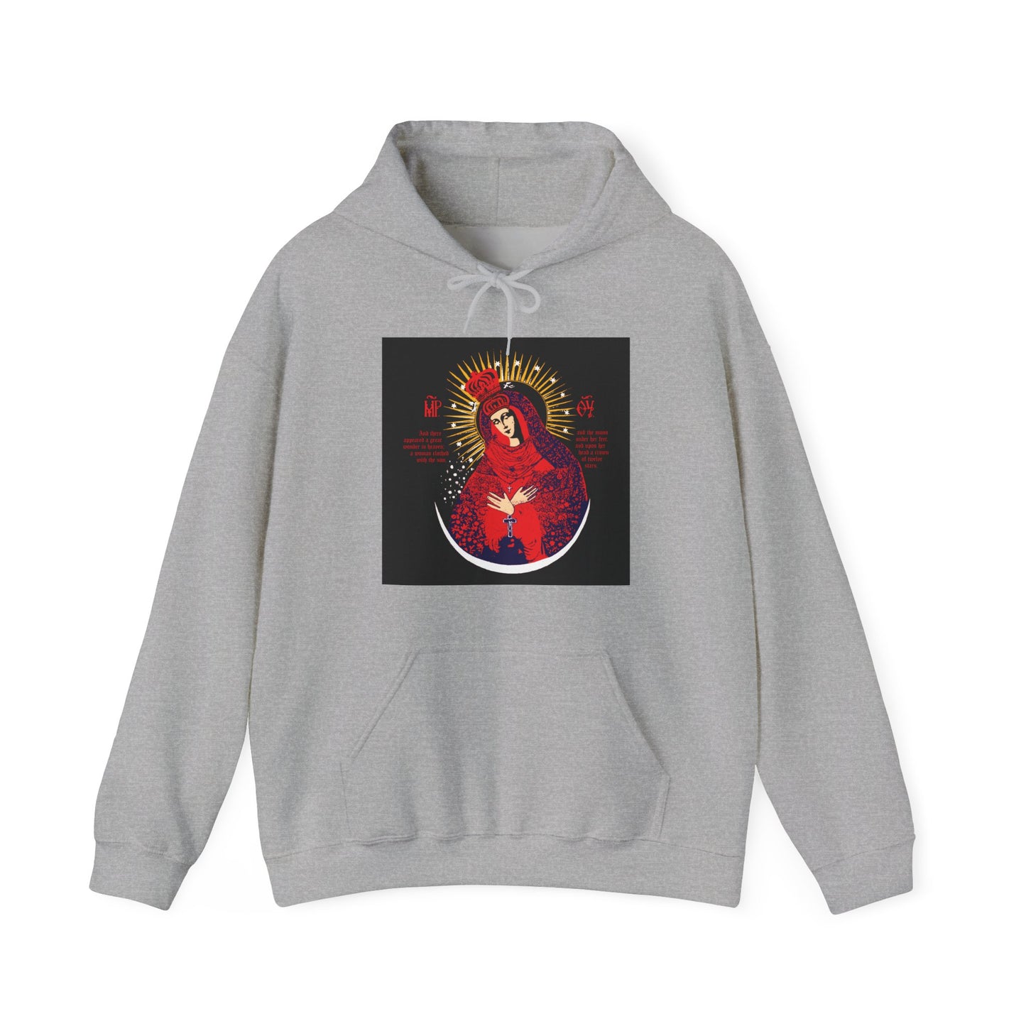 Sport Grey hoodie with a bold red, blue, and gold Icono-Graphic print of Our Lady the Gate of Dawn, Theotokos Crowned, and Woman of the Apocalypse. An Orthodox Christian design celebrating this revered Vilnius icon.