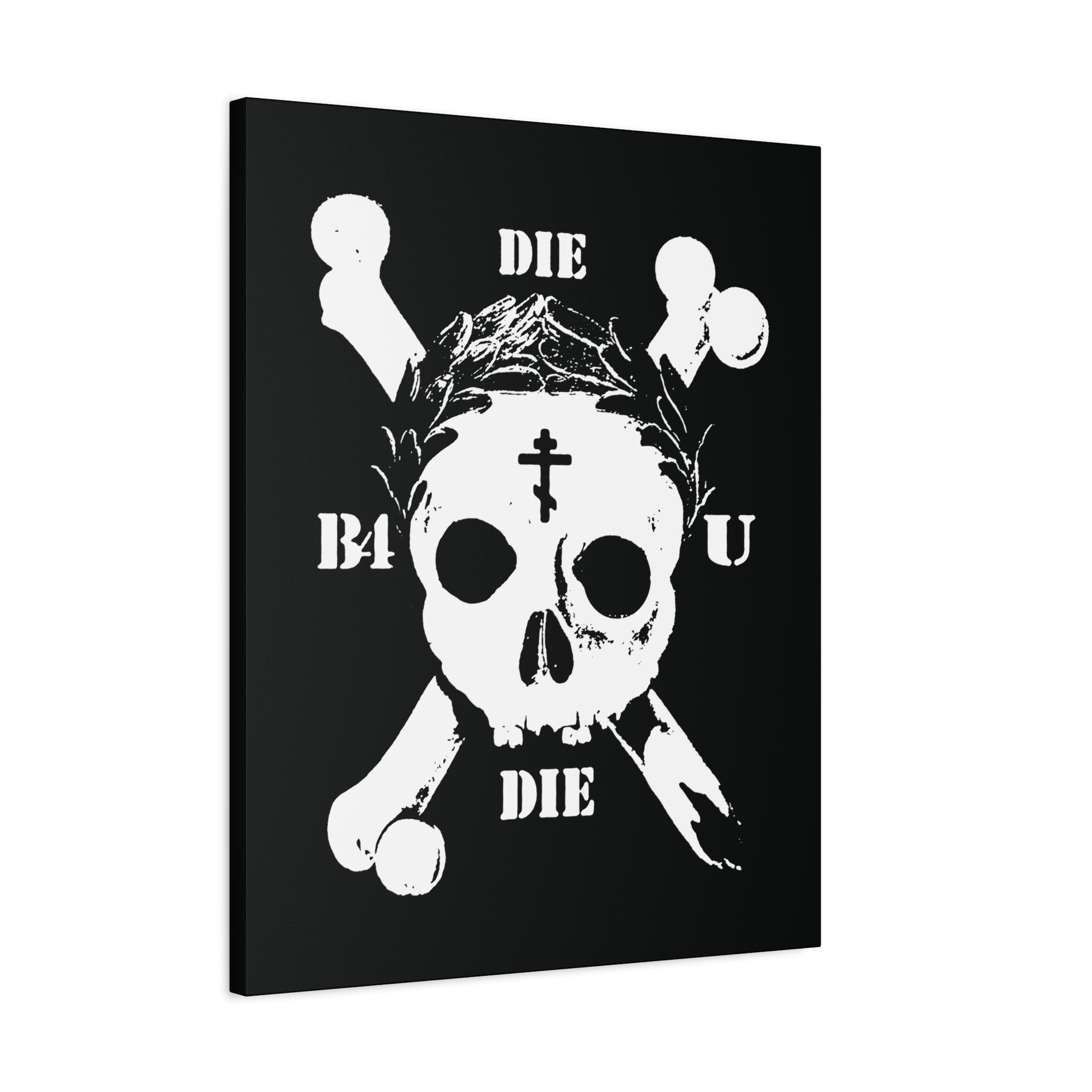 Die Before You Die | Retro Skull & Crossbones wall art featuring an Orthodox cross, laurel wreath, and "DIE B4 U DIE" text—Memento Mori inspired by Matthew 16:24-25 and ascetic Christian tradition.