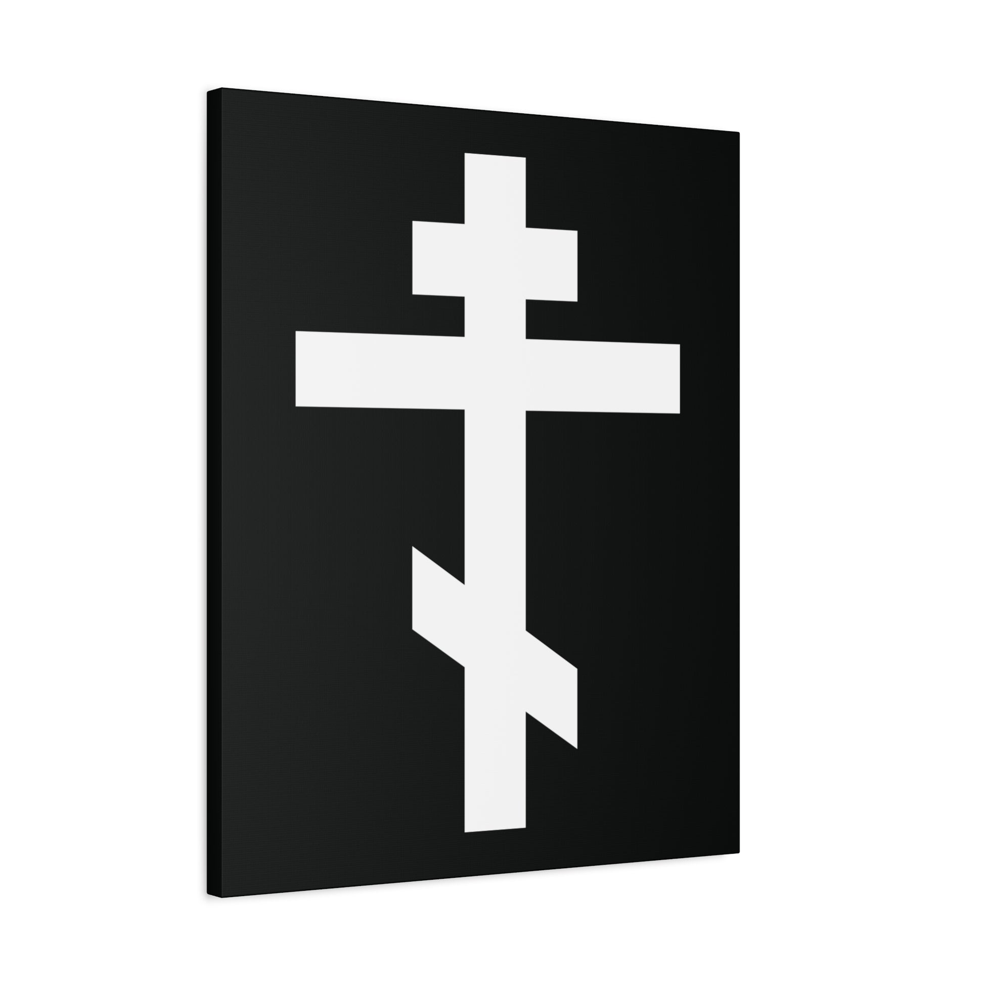 The White Orthodox Cross Canvas Art features a white Russian Orthodox cross on a black background with Galatians 6:14: "May I never boast, except in the cross of our Lord Jesus Christ.