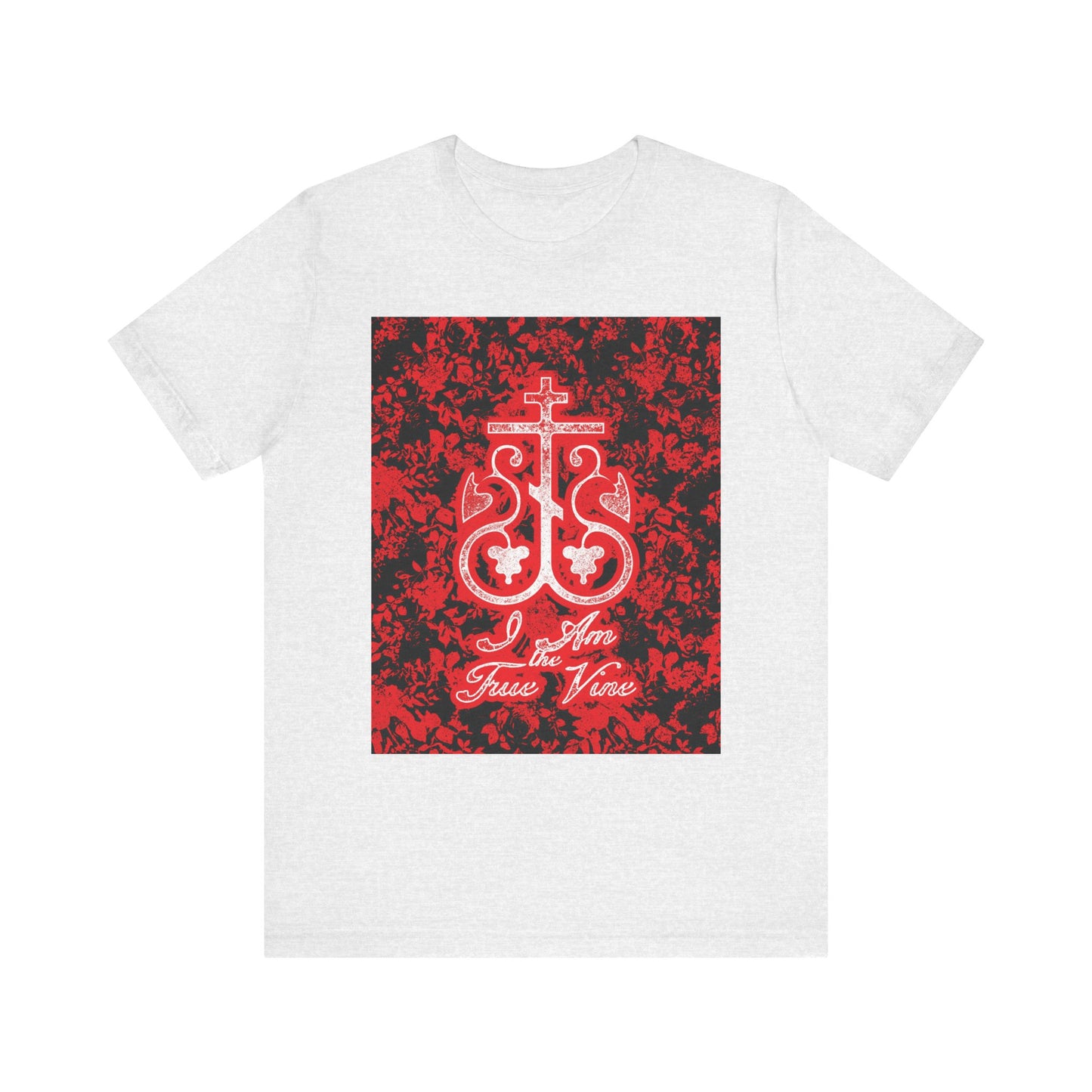 Stay rooted in faith with the ash "I Am the True Vine (John 15:1)" Orthodox tee, featuring a red and black floral Orthodox cross monogram—a bold reminder to bear fruit on this lightweight cotton unisex t-shirt.