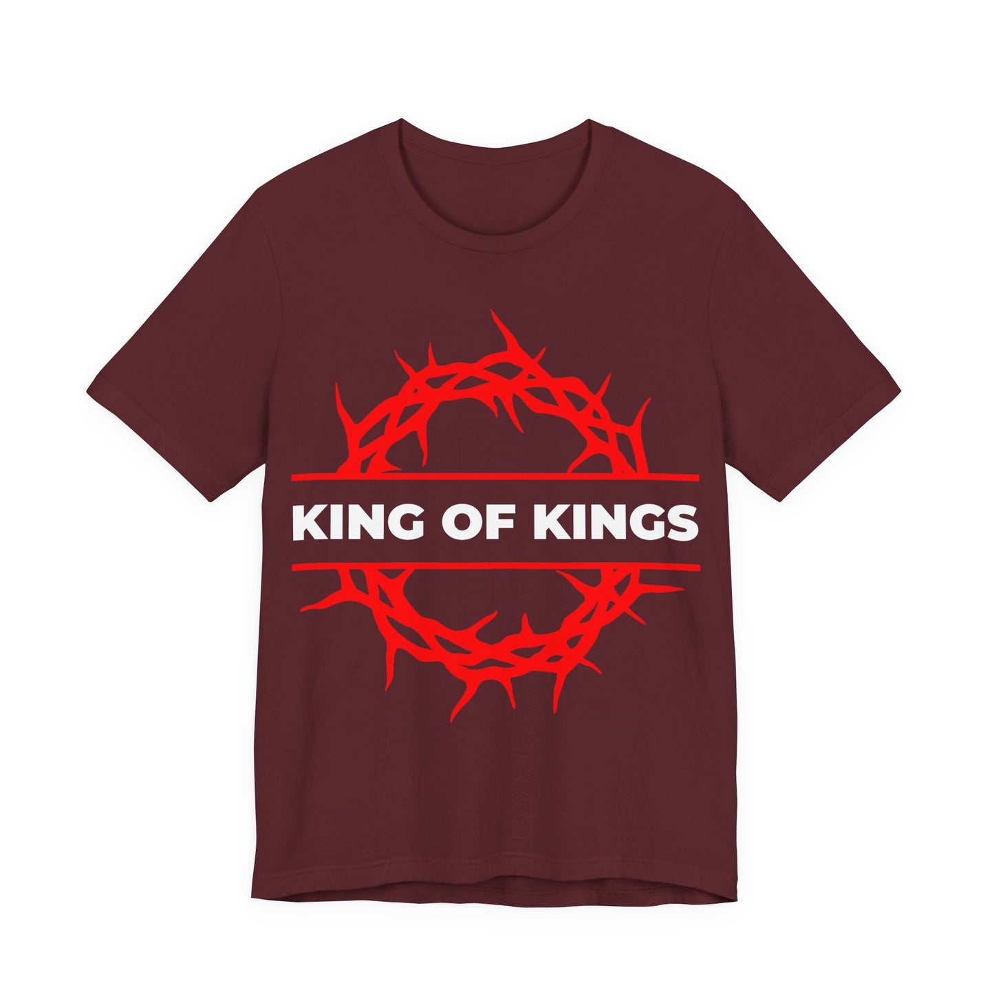 Maroon cotton unisex tee featuring a red crown of thorns and “KING OF KINGS” in bold white, inspired by Revelation 19:16. King of Kings Crown of Thorns design—Orthodox Christian apparel.