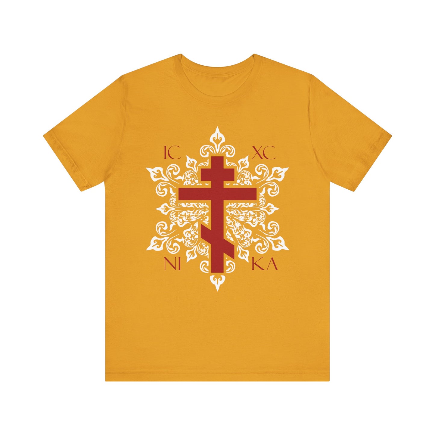 The ICXC / NIKA Red Orthodox Cross on Ornate White Medieval Floral Design tee is a best-selling mustard unisex cotton shirt, perfect for stylishly expressing your faith. Features Greek IC XC NIKA, red Orthodox cross, and white floral details.