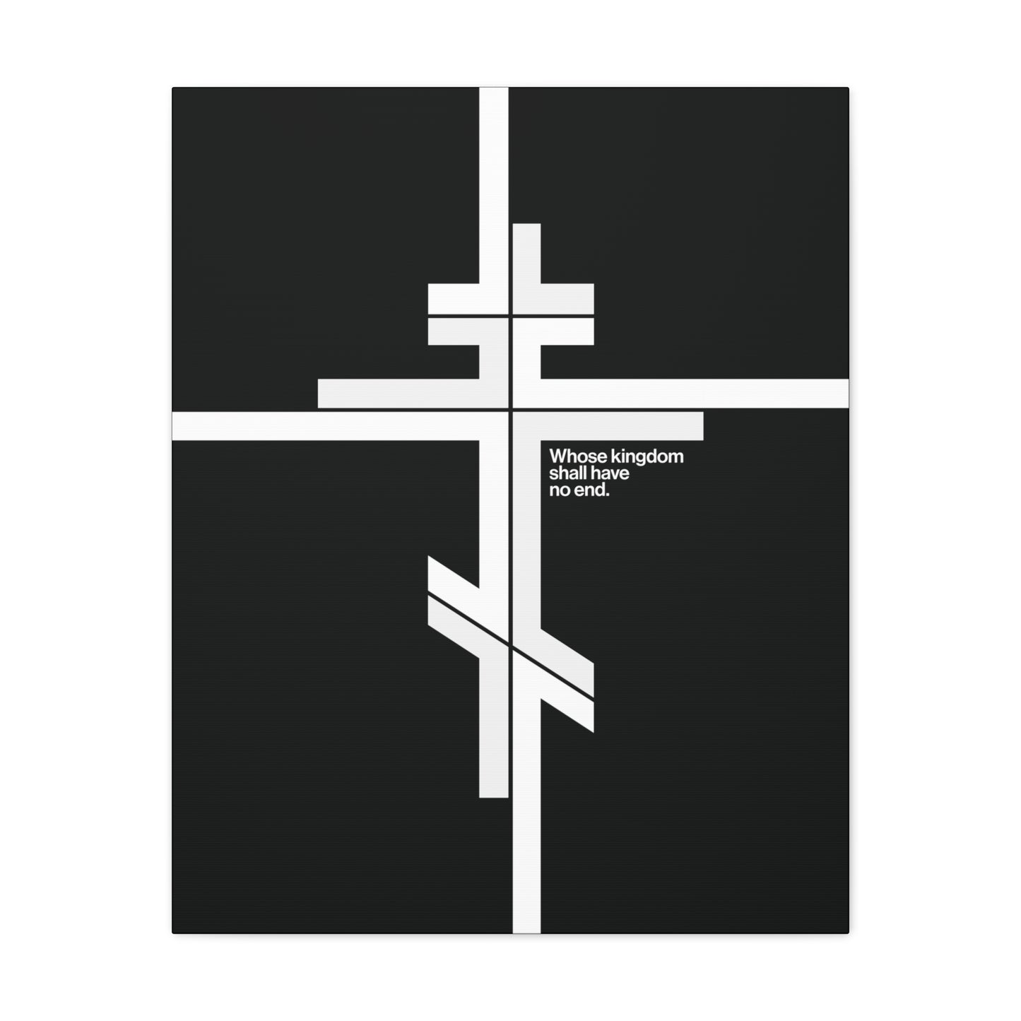 Whose Kingdom Shall Have No End" – a modernist minimalist canvas featuring a white Orthodox cross on black, inspired by Luke 1:32-33 and Orthodox doctrine. Christian wall art reflecting the eternal nature of Christ’s kingdom.