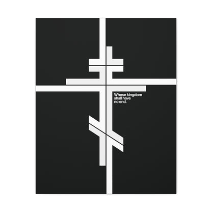 Whose Kingdom Shall Have No End" – a modernist minimalist canvas featuring a white Orthodox cross on black, inspired by Luke 1:32-33 and Orthodox doctrine. Christian wall art reflecting the eternal nature of Christ’s kingdom.