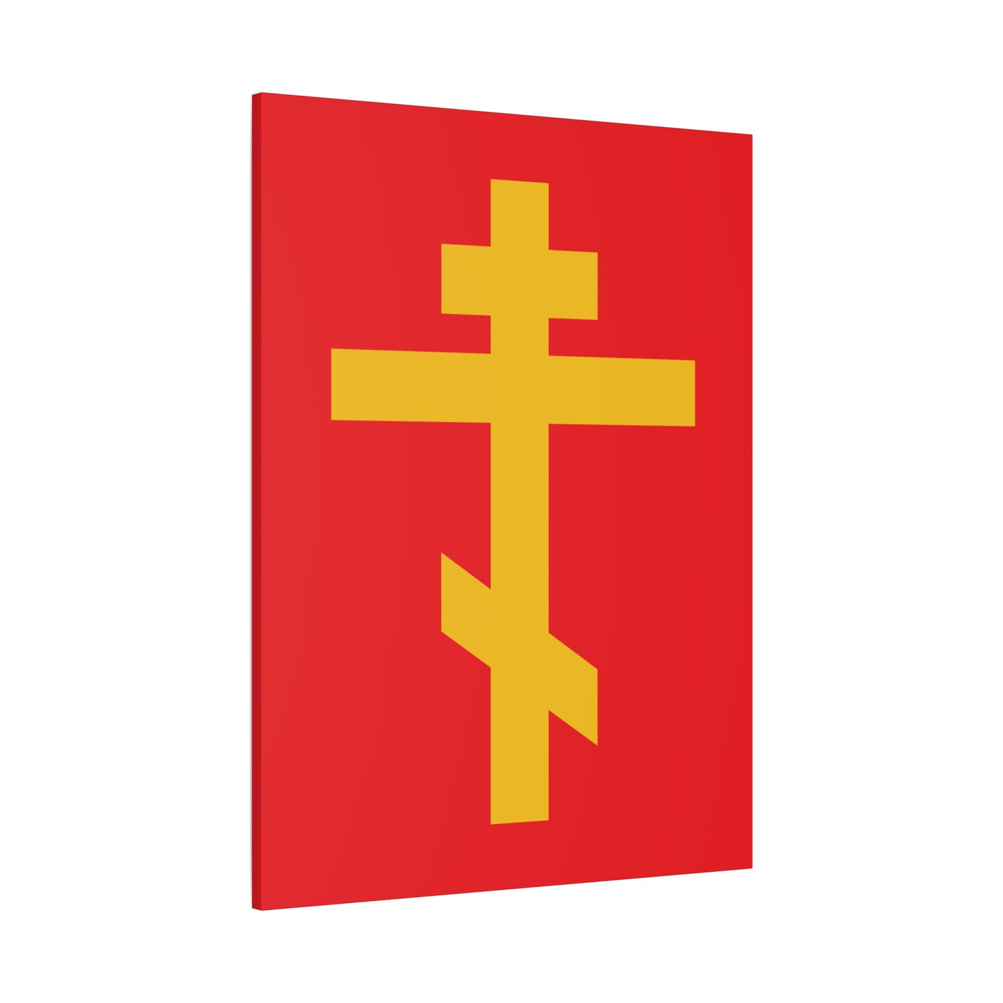 The “Yellow Orthodox Cross Red Background” canvas art features a large yellow Orthodox cross with three beams, symbolizing the message of Galatians 2:20—a precious weapon in unseen warfare and a scourge of demons.