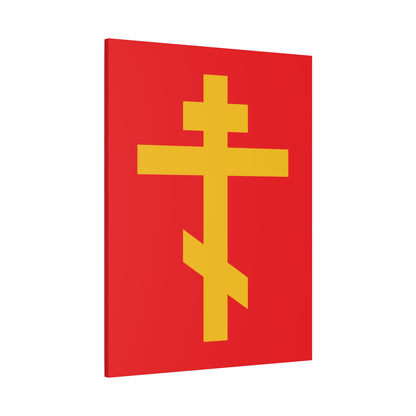 The “Yellow Orthodox Cross Red Background” canvas art features a large yellow Orthodox cross with three beams, symbolizing the message of Galatians 2:20—a precious weapon in unseen warfare and a scourge of demons.