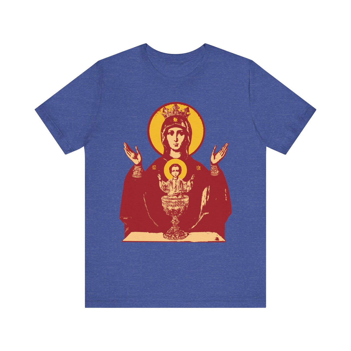 Heather True Royal lightweight cotton unisex t-shirt featuring the Holy Theotokos IconoGraphic of the Inexhaustible Chalice—Deliverer from Addictions and Conqueror of Passions—in vivid icon-style imagery.