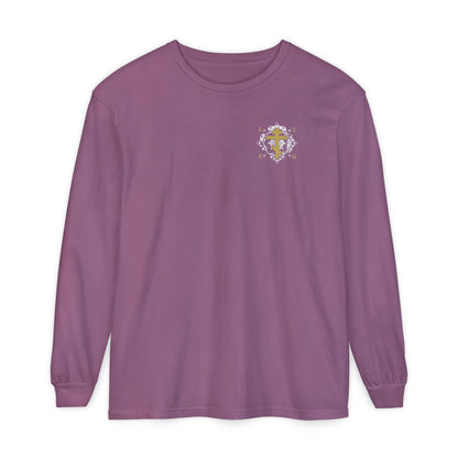 Gold Orthodox Cross ICXC NIKA  (Small Design) | White Medieval Ornate Floral Pattern | Jesus Christ Conquers | Christian Long Sleeve