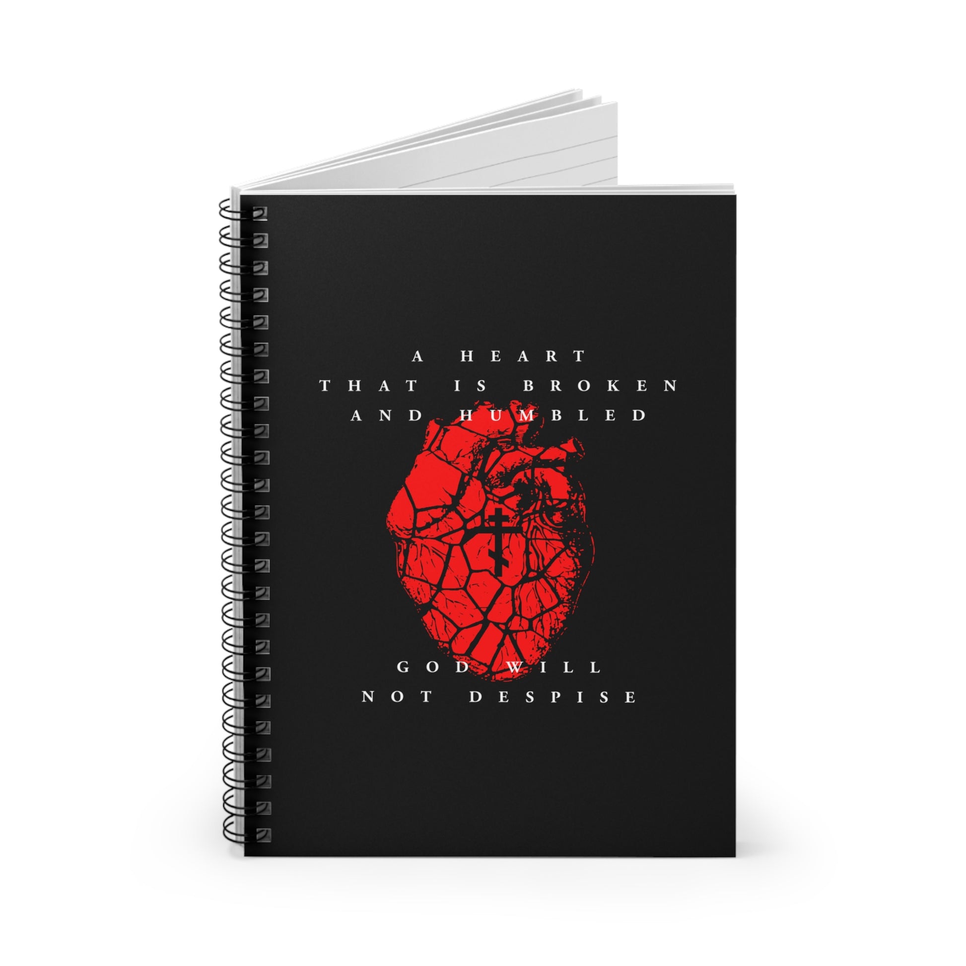 Black spiral notebook featuring a cracked heart with Orthodox cross and white text: A Heart That is Broken and Humbled God Will Not Despise—repentance-themed Christian design inspired by Psalm 51.
