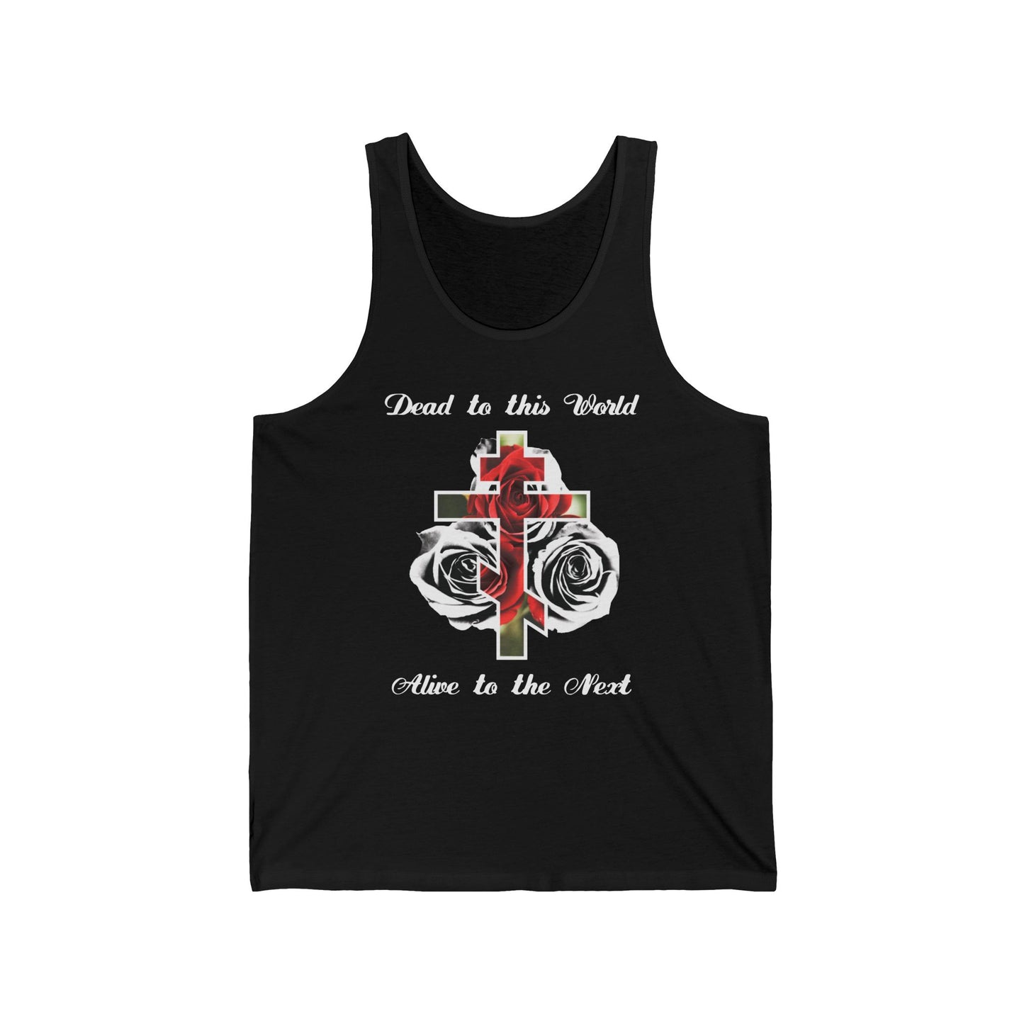 This black cotton tank top features "Dead to This World, Alive to the Next," red roses, and a cross. Inspired by John 12:25, it’s perfect Orthodox Christian wear—The Cross is the Doorway to Heaven.