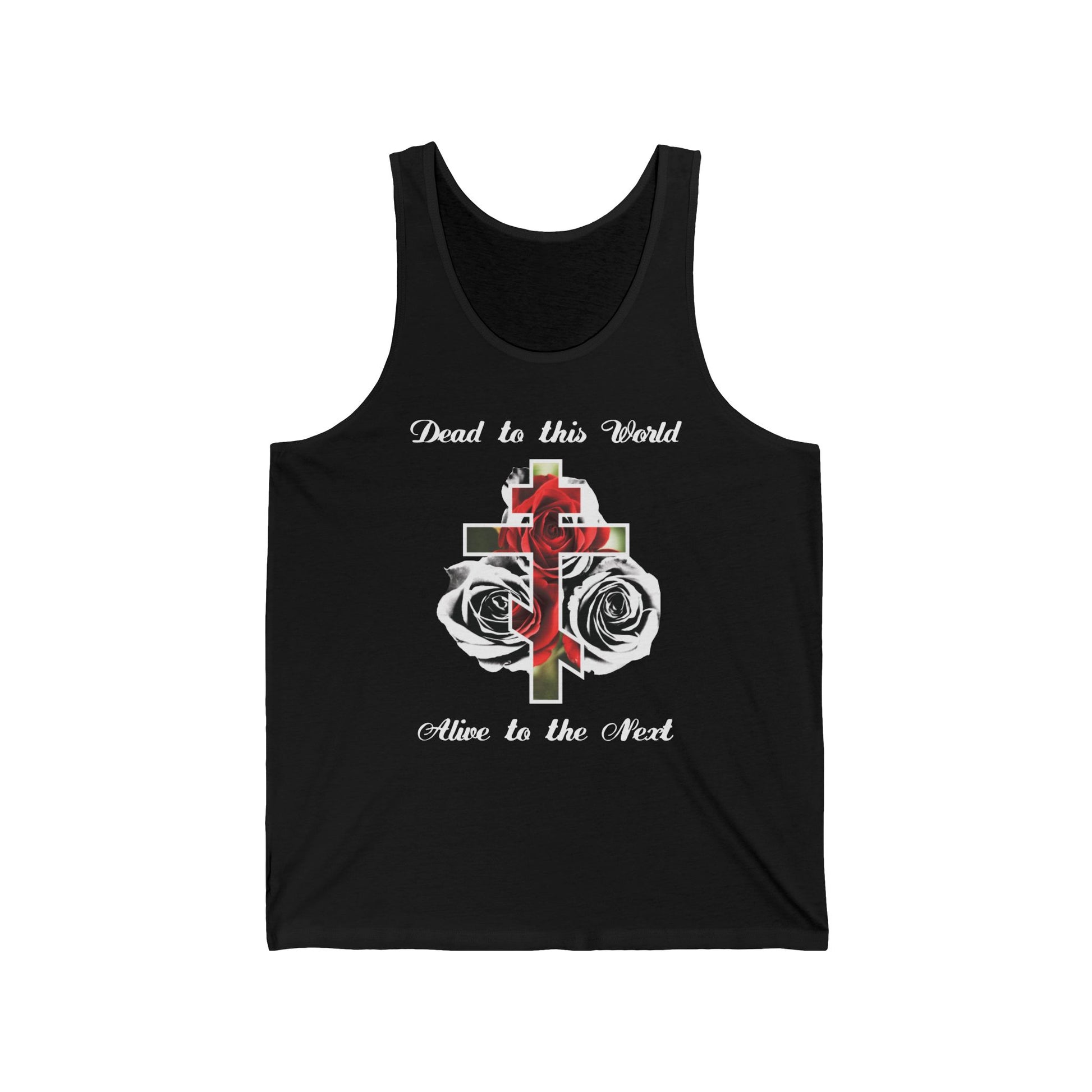 This black cotton tank top features "Dead to This World, Alive to the Next," red roses, and a cross. Inspired by John 12:25, it’s perfect Orthodox Christian wear—The Cross is the Doorway to Heaven.