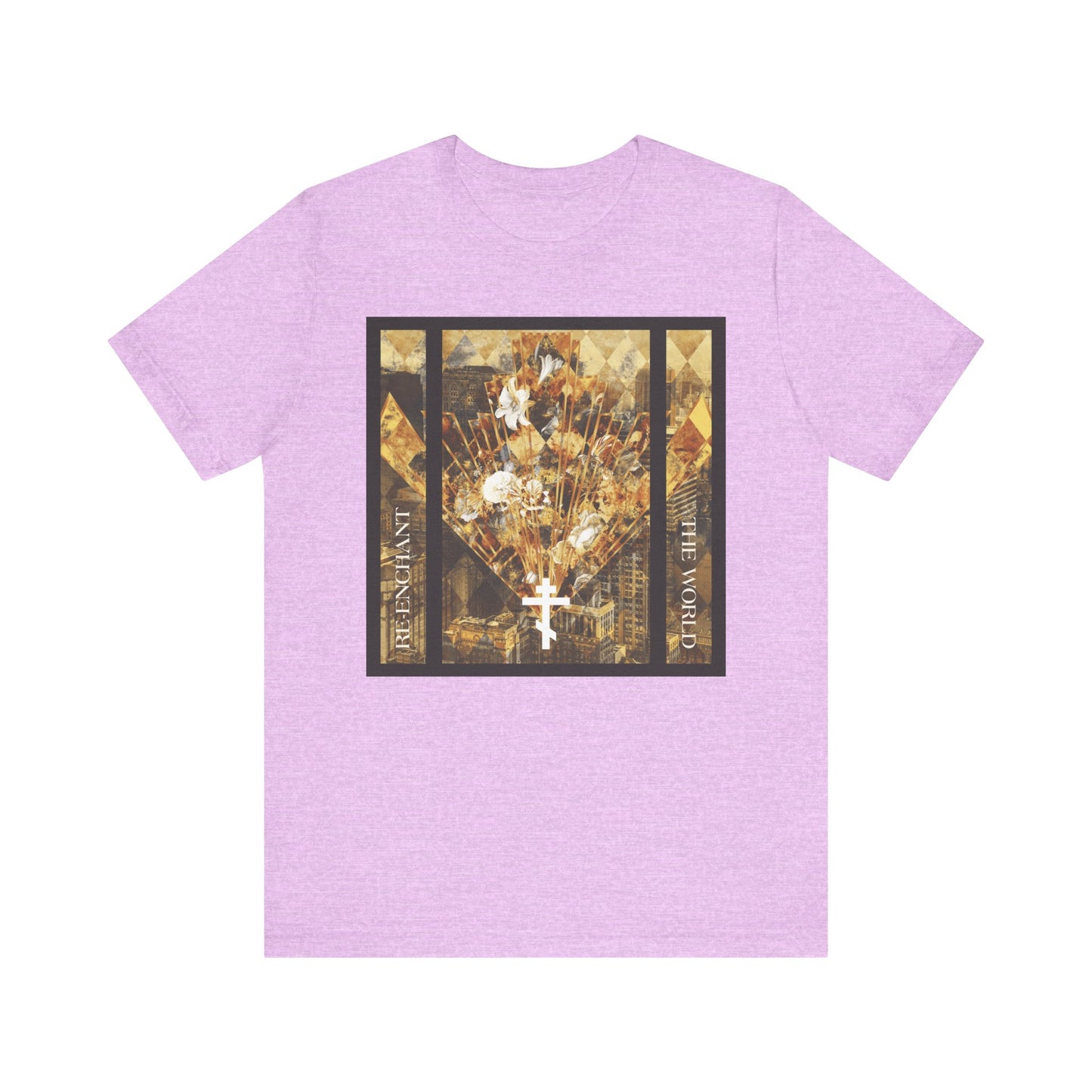 Heather Prism Lilac t-shirt featuring a modern graphic design of a cityscape adorned with flowers and a white cross—symbolizing the Exaltation of the Cross—with “Re-Enchant the World” text, capturing both resilience and the beauty of the Church in earthtones on lightweight cotton.