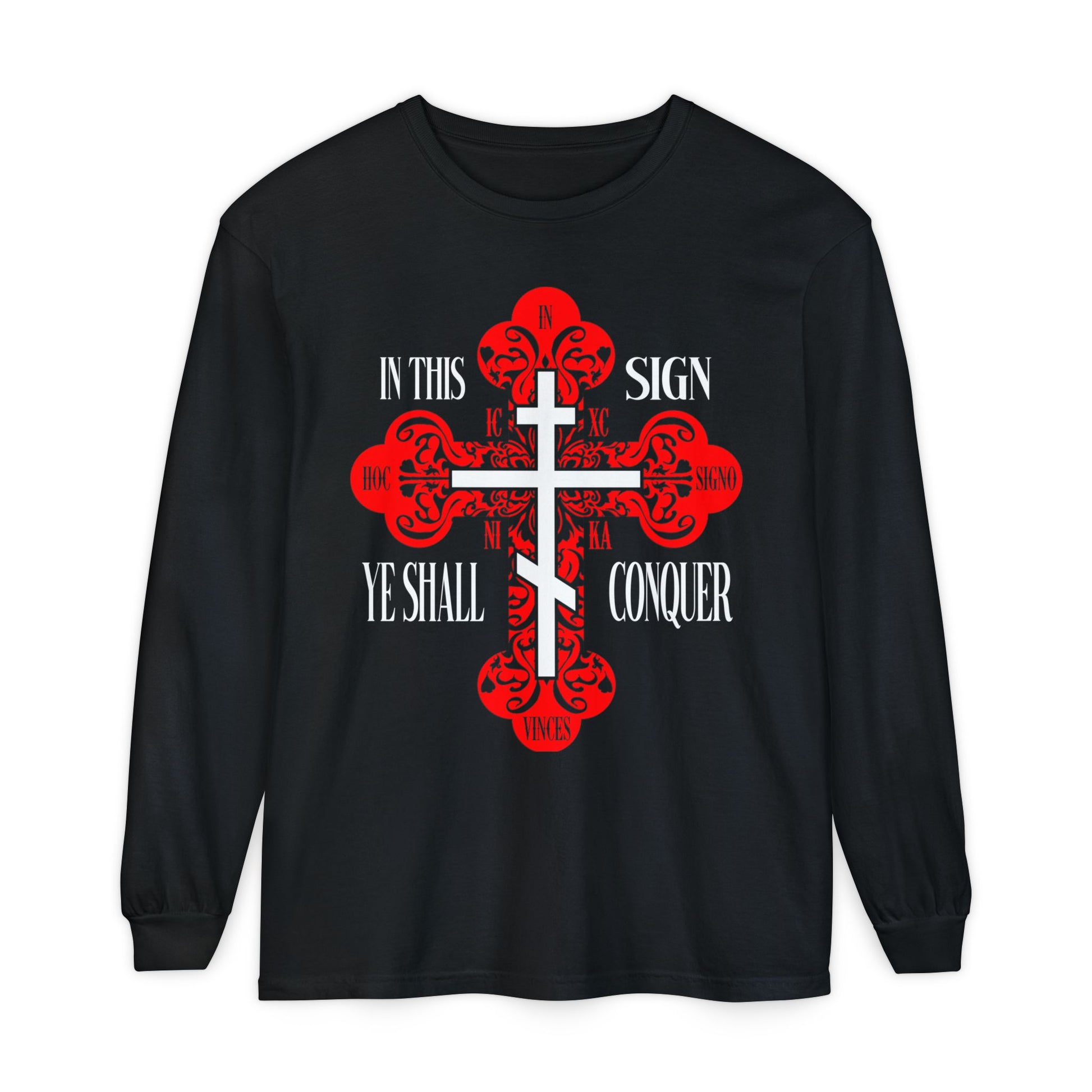 Black long sleeve featuring a red ornate Orthodox cross, "In This Sign Ye Shall Conquer," "ICXC NIKA," and "Jesus Christ Conquers" text, inspired by faith and tradition.