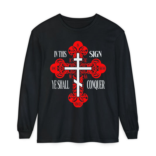Black long sleeve featuring a red ornate Orthodox cross, "In This Sign Ye Shall Conquer," "ICXC NIKA," and "Jesus Christ Conquers" text, inspired by faith and tradition.