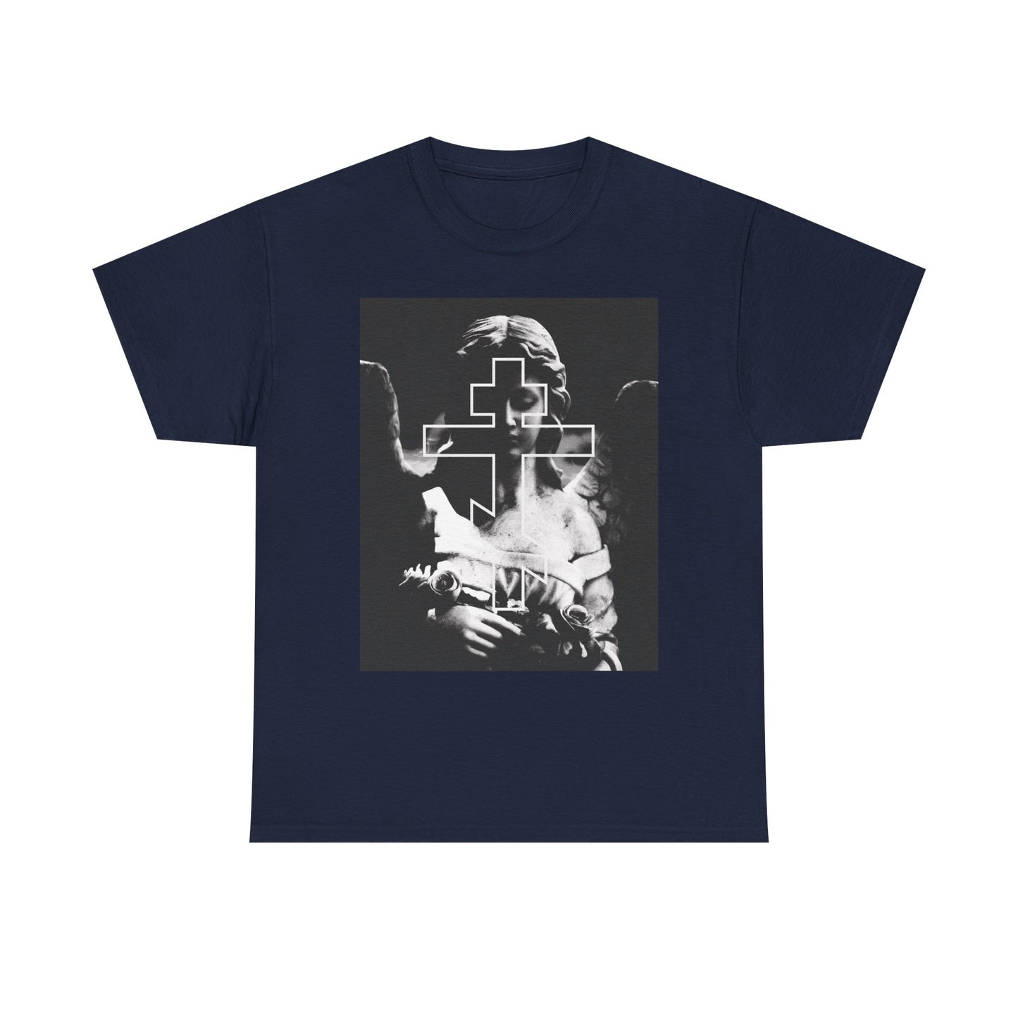 Navy "Cemetery Angel Orthodox Cross" tee with a grayscale goth angel graphic and bold outlined cross, featuring Memento Mori theme. Midweight cotton, unisex fit.