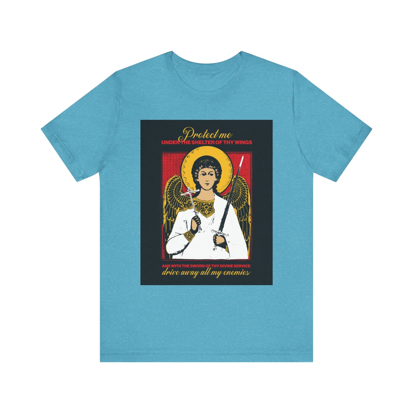Heather Aqua unisex cotton t-shirt with Holy Guardian Angel Icono-Graphic holding a sword and cross, featuring a protection prayer: "Drive Away My Enemies." Symbolizes divine safeguarding.