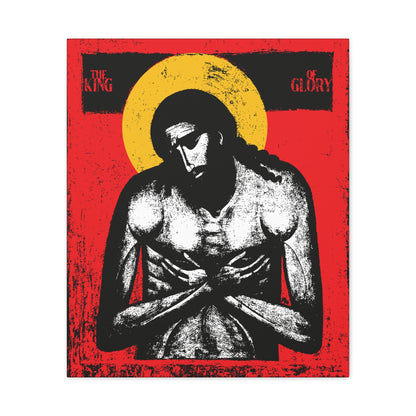 A stylized image of Jesus Christ with arms crossed, a yellow halo, and red background titled "The King of Glory Jesus Christ 'Extreme Humility' IconoGraphic," perfect Christian wall art for devotional spaces.