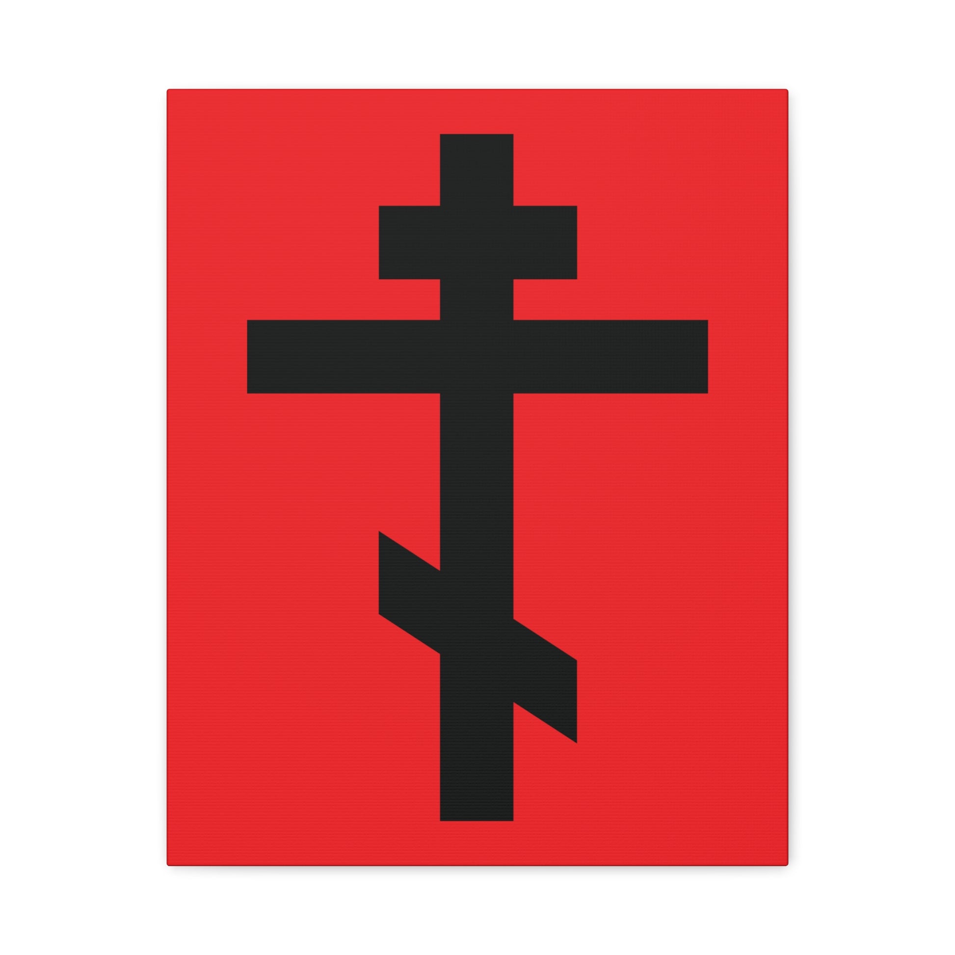 A black Orthodox cross on a red background with the verse "May I never boast, except in the cross of our Lord Jesus Christ" (Gal 6:14) – Orthodox Canvas Art.