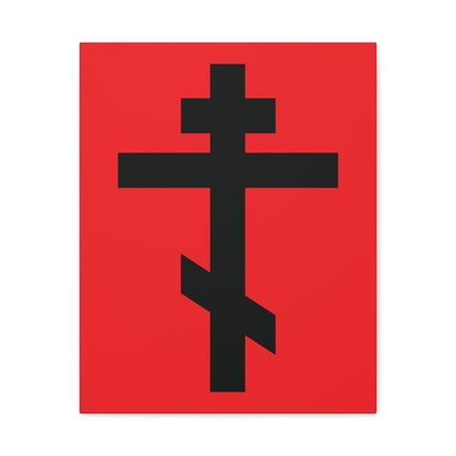 A black Orthodox cross on a red background with the verse "May I never boast, except in the cross of our Lord Jesus Christ" (Gal 6:14) – Orthodox Canvas Art.