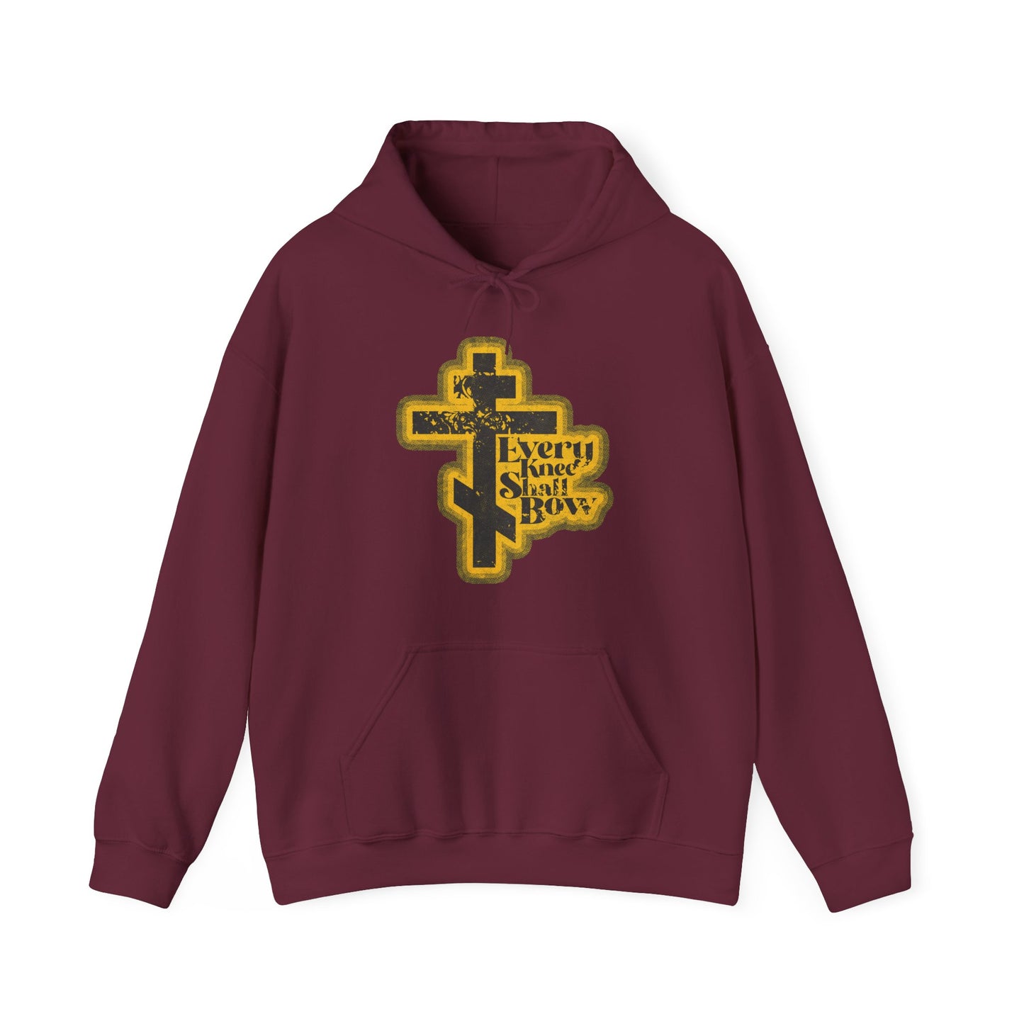 Maroon "Every Knee Shall Bow" hoodie featuring a 70s distressed halftone comic book aesthetic and cross, inspired by Philippians 2:10-11 and Isaiah 45:23—an Orthodox Christian reminder that every knee shall bow to God.