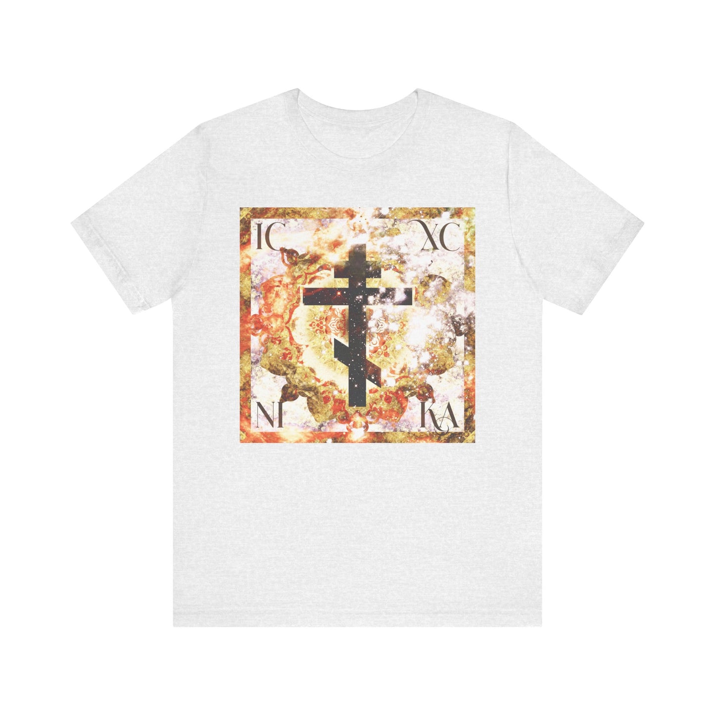 Ash T-shirt featuring the "ICXC NIKA Beige & Brown Textured Glowing Cosmic Art Cross"—an Orthodox Christian unisex lightweight cotton tee with a vibrant square frame on the front, adorned with Greek letters and symbolizing the profound mystery of Christ’s Incarnation and the unity of Divine and human.