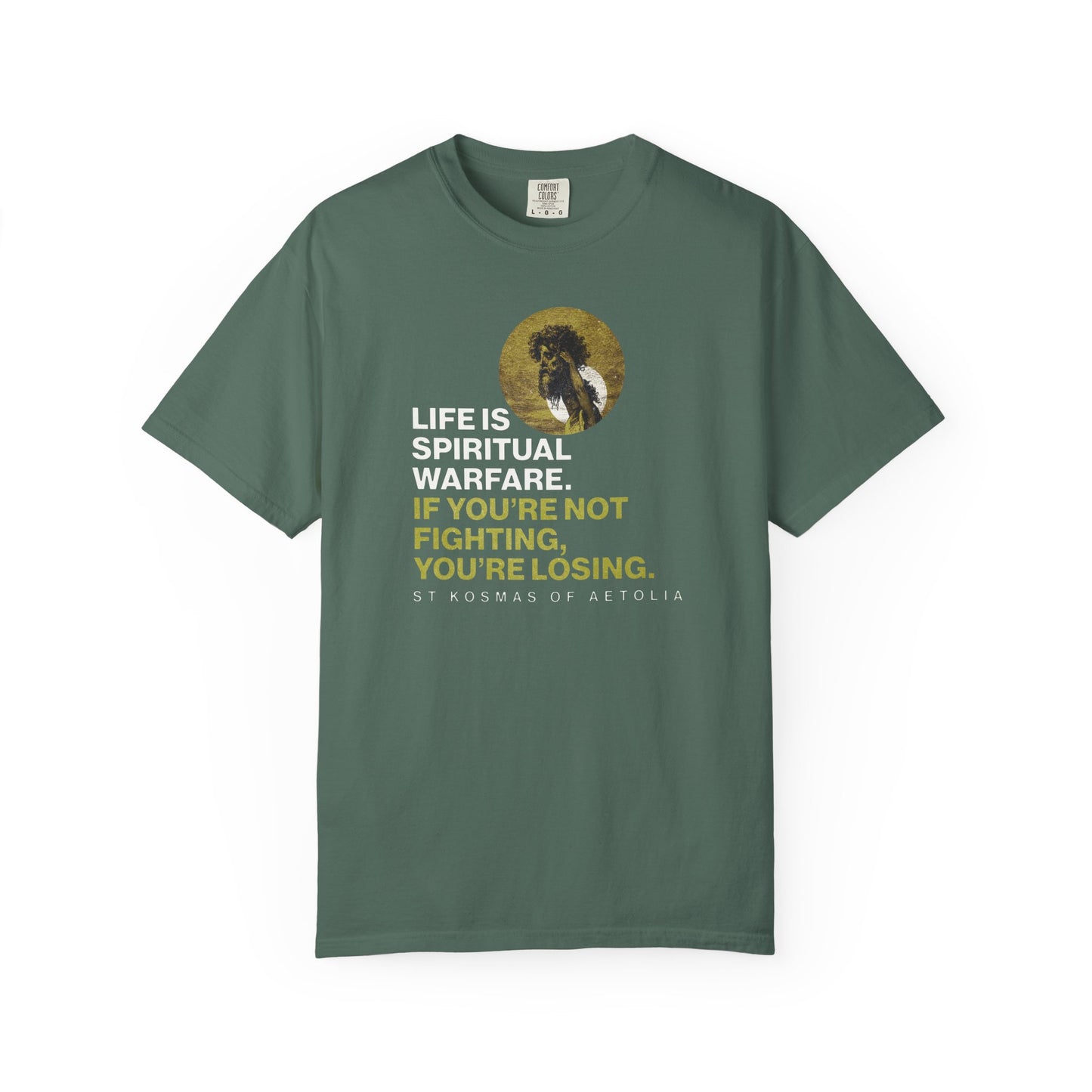 Blue Spruce heavyweight cotton unisex tee featuring St. Kosmas of Aetolia, Gustave Dore’s art, and “Life is Spiritual Warfare. If you're not fighting, you're losing.” Orthodox design inspired by David & Goliath and Unseen Warfare.