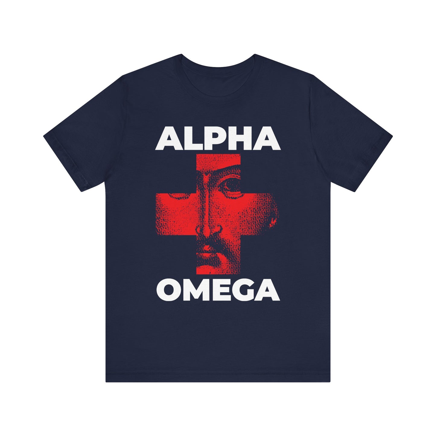 Navy tee featuring “I Am The Alpha + The Omega, The Beginning + The End (Rev 1:8)” with Christ’s face in a red cross iconographic design—lightweight cotton, unisex fit.